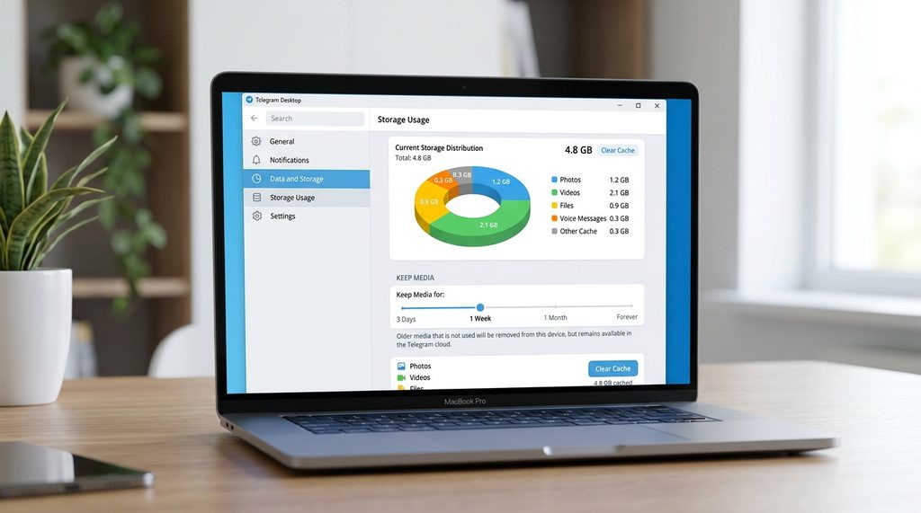 Telegram存储使用量界面，展示饼状图分布及“保留媒体文件”的时间设置滑块