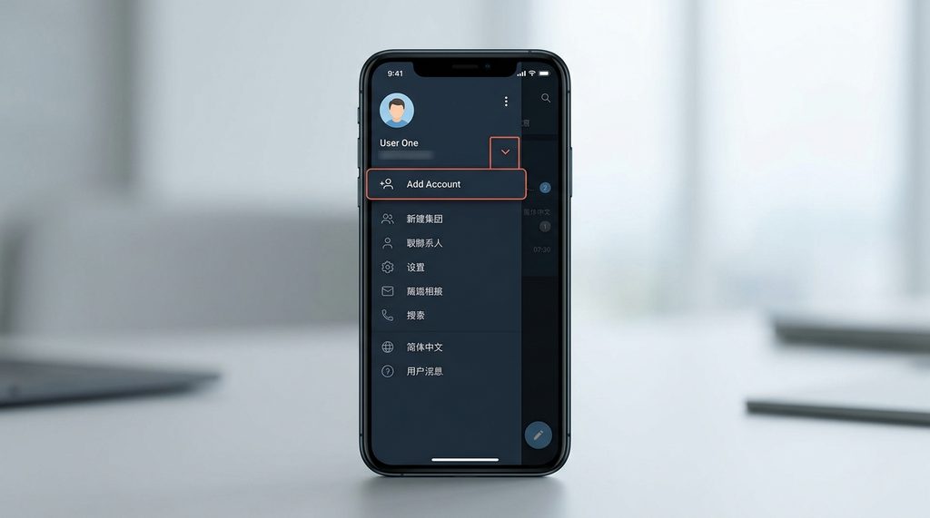 Telegram手机端界面,点击菜单栏显示添加账户选项的截图,简洁明了的UI展示