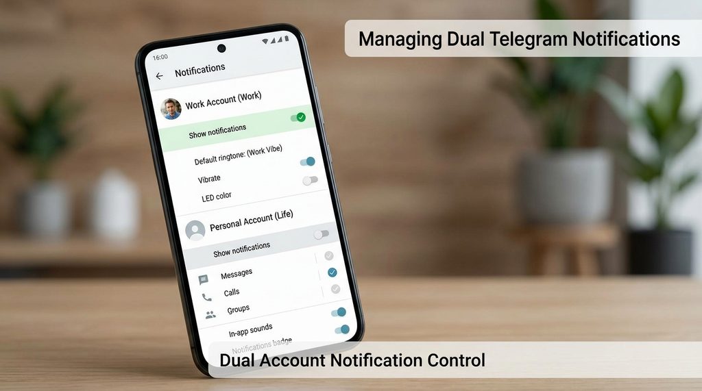 手机设置界面,展示 Telegram 通知管理菜单,勾选不同账户的推送权限选项