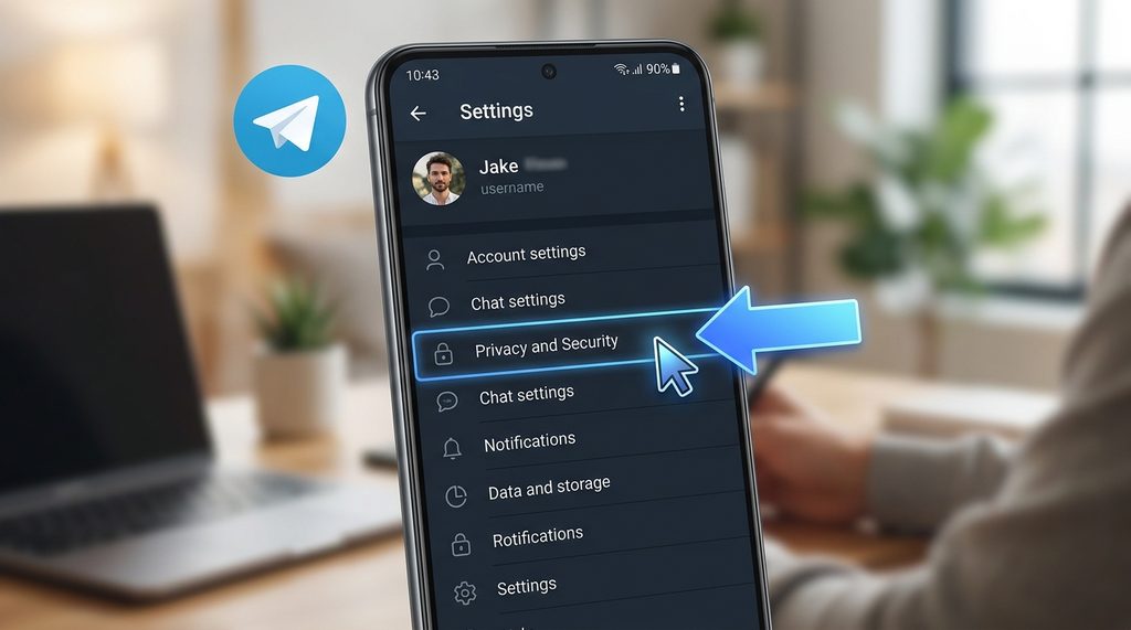 一部智能手机的界面展示，箭头指向Telegram设置菜单中的隐私与安全选项，背景虚化，强调操作重点
