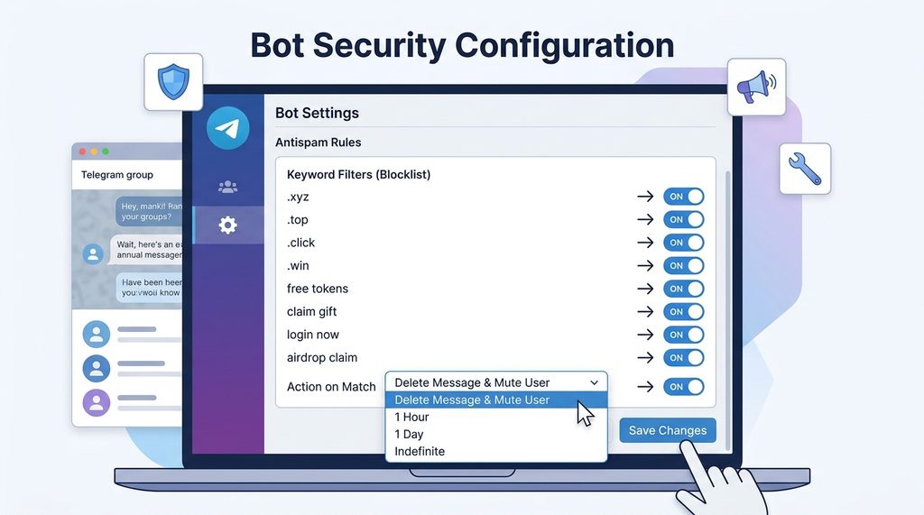 一个Telegram群组设置界面，管理员正在配置机器人关键词过滤规则，列表里显示着可疑的域名黑名单
