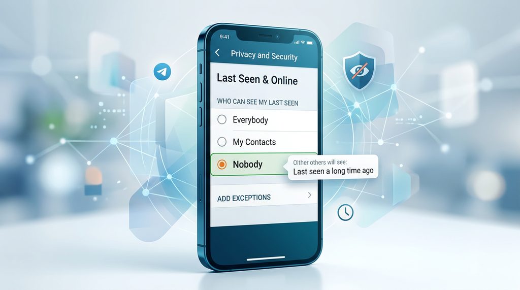 展示 Telegram 隐私设置界面，勾选“没有人”选项的手机截图，界面清晰简洁