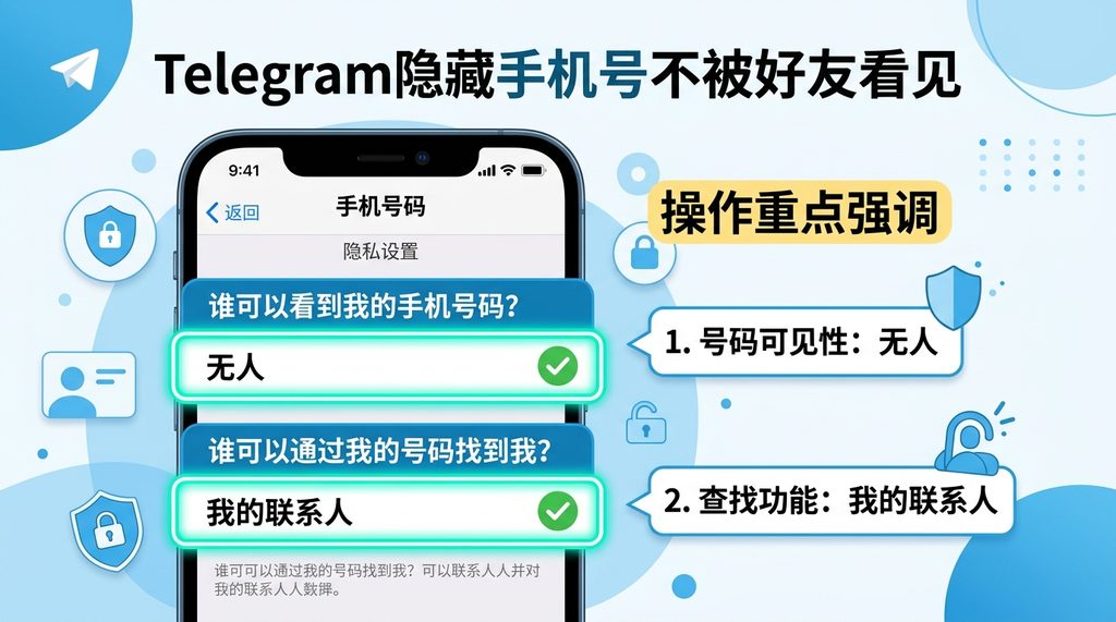 Telegram隐私设置界面截图，展示手机号码可见性设置为无人，以及查找功能设置为我的联系人的操作细