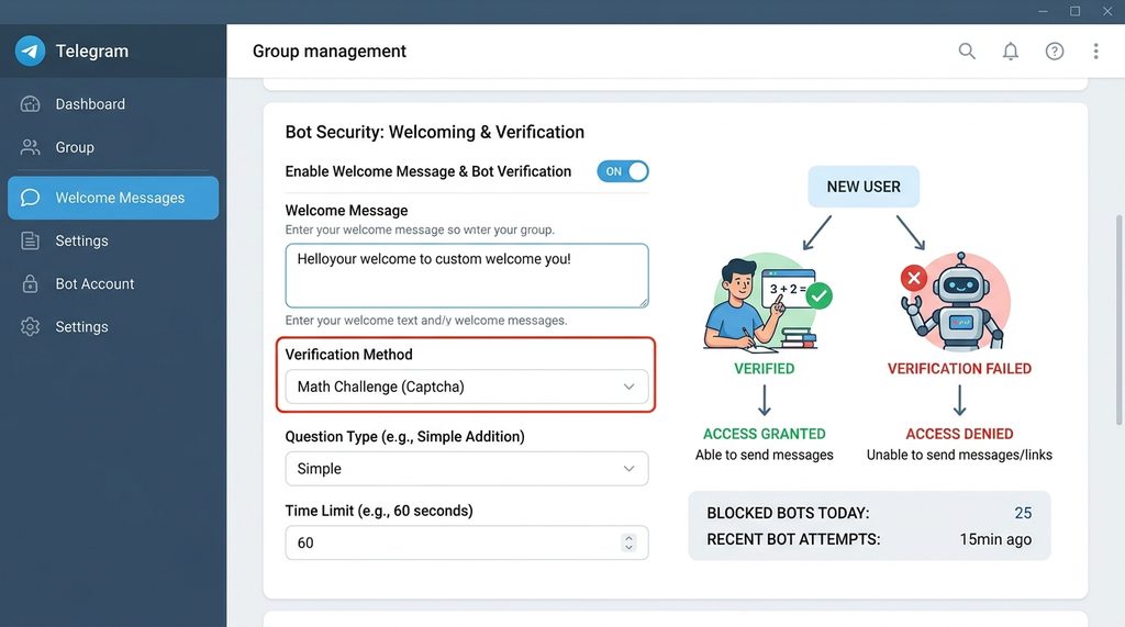 Telegram群管理后台截图，显示正在配置进群欢迎语及数学题验证功能，画面清晰展示了阻断机器人进群