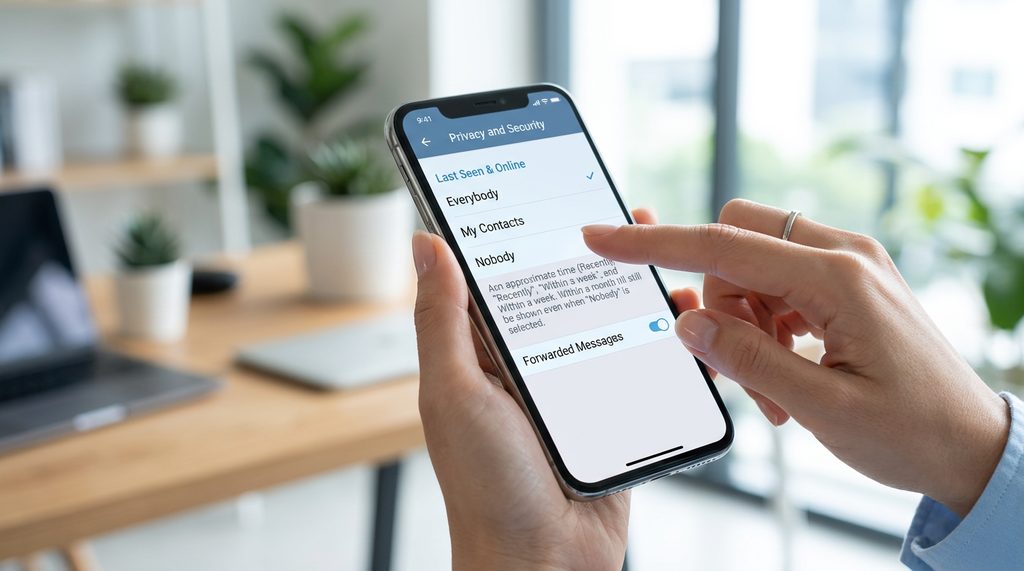 用户在手机上操作隐私设置的特写，手指正点击权限控制选项，明亮办公环境