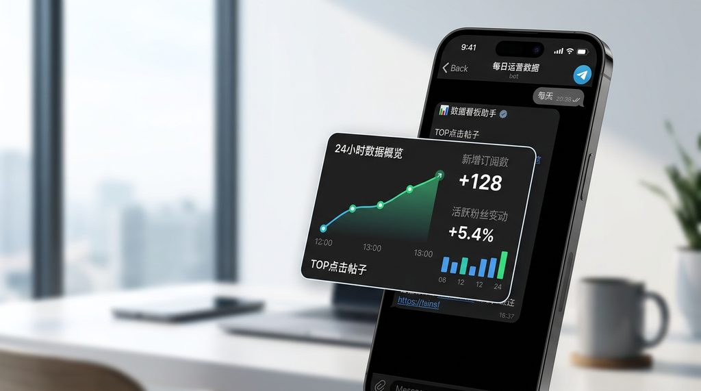 一部智能手机显示 Telegram 聊天界面,屏幕上弹出简洁的数据看板图表,包含增长曲线和粉丝变动数