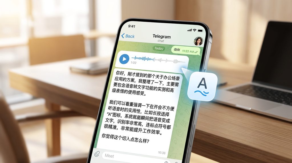 一个手机屏幕界面，显示 Telegram 聊天窗口中一段语音消息被实时转录为文字，旁边配有一个简洁的