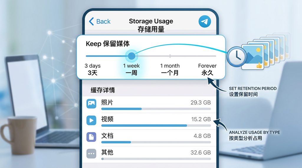 Telegram存储用量界面截图,显示滑动条设置和不同文件类别的占用空间详情