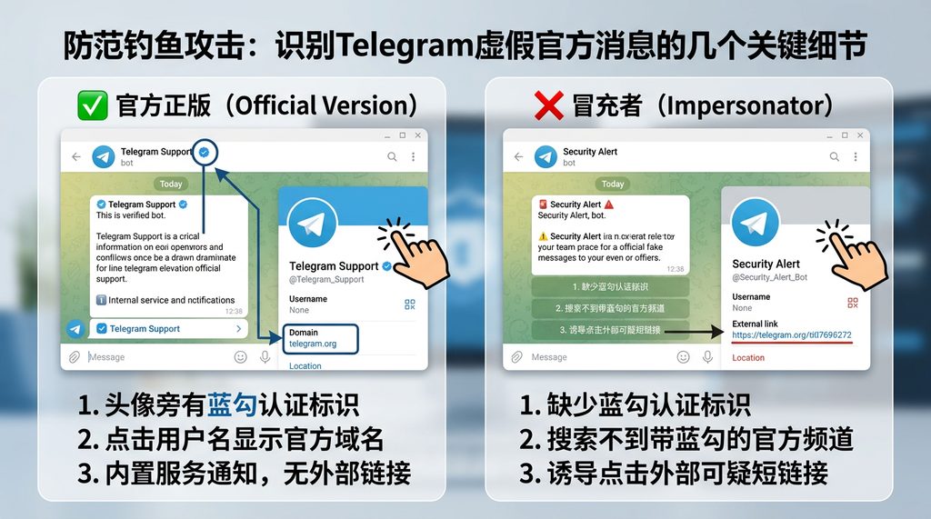 一张对比图,左侧显示官方带认证蓝勾的 Telegram Support 账号界面,右侧显示冒充者的虚