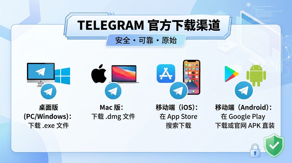 展示 Telegram 各平台下载页面，包含 PC、Mac、iOS 和 Android 图标的简洁布