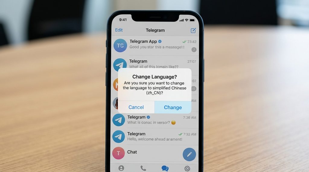用户手机界面展示Telegram语言切换确认弹窗,界面简洁明了