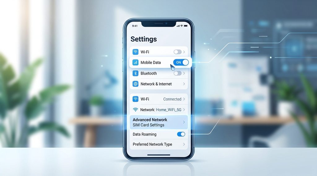 一张简洁的手机设置截图，展示正在切换网络连接状态的界面，背景模糊，现代感设计