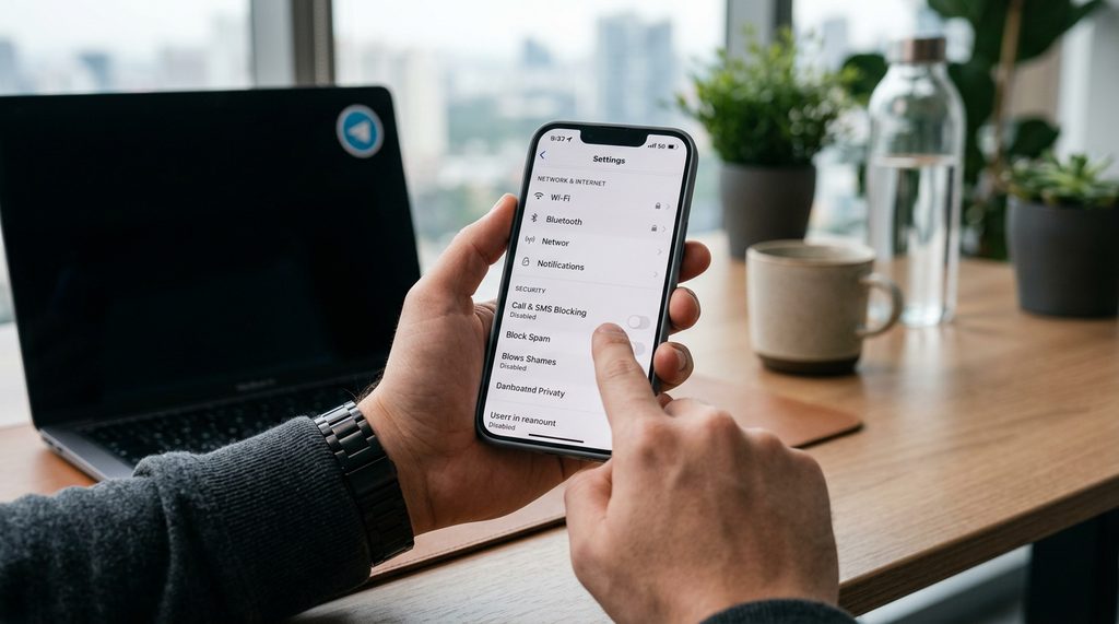 一位用户正在检查手机网络设置和短信拦截功能的特写镜头，背景是简洁的现代办公桌面，风格专业且充满科技感