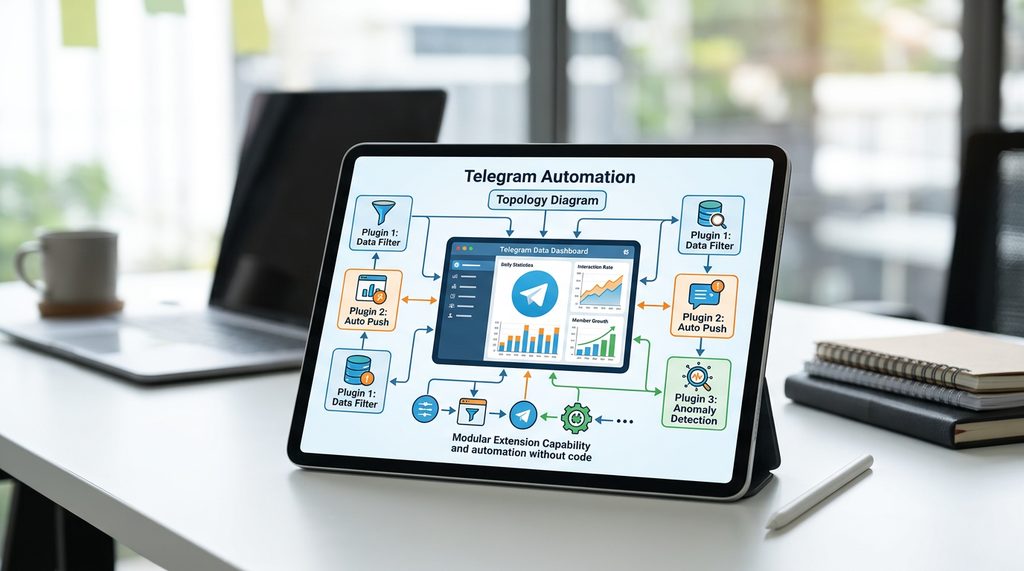 办公桌上放置的平板电脑,屏幕上显示 Telegram 数据看板与各类自动化插件的连接拓扑图