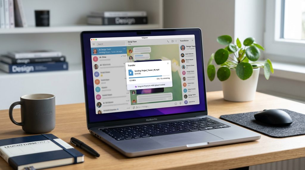 电脑屏幕显示 Telegram 正在发送一个大容量视频文件，界面进度条显示稳定高速传输，背景为简洁办
