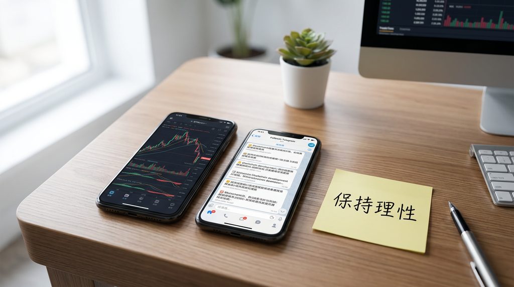一张现代办公桌，上面放着两台手机，屏幕显示着复杂的行情走势，旁边是一张写着“保持理性”的便签