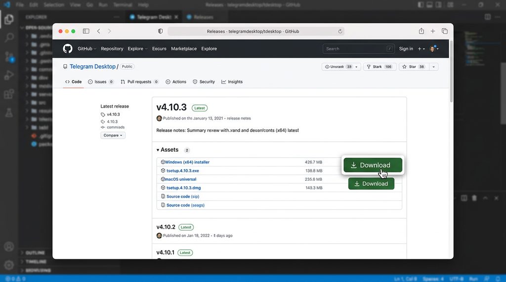 开发人员在 GitHub 页面查看 Telegram 发布版本的截图，侧重版本号与下载按钮