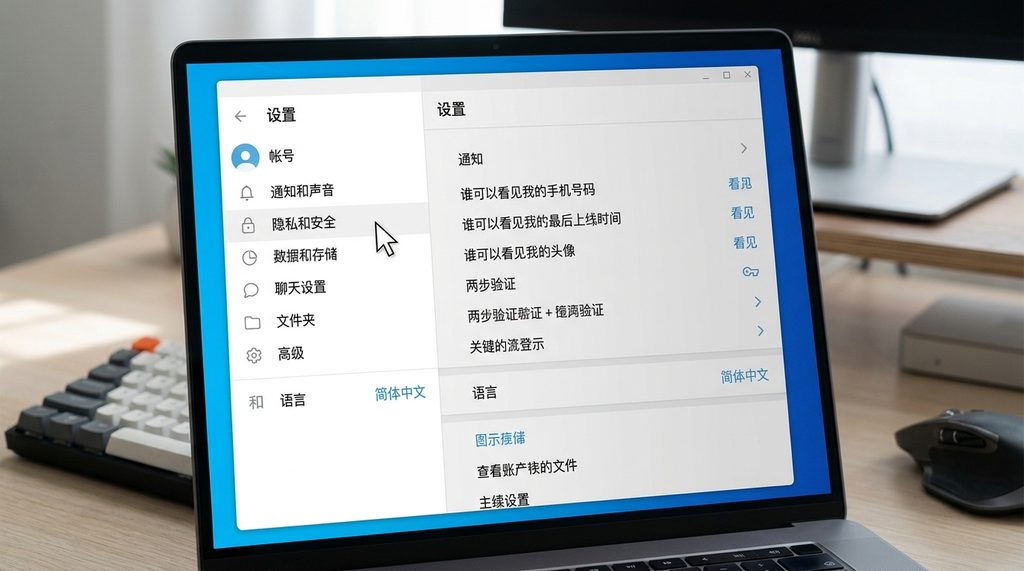PC端Telegram设置菜单界面,中文选项清晰可见,鼠标悬停在隐私选项上