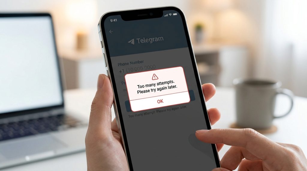 Telegram 应用登录页面提示请求过多的界面截图，风格简洁专业，强调警示感