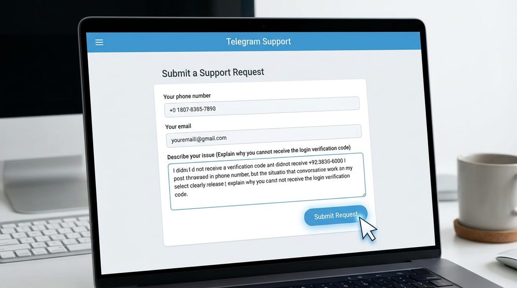 用户在电脑上通过官方支持页面提交账号问题的界面，光标移动到提交按钮，简洁明亮的 UI 设计，16:9