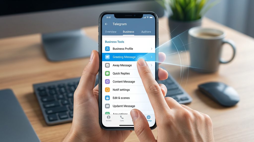 展示 Telegram 手机端设置界面，手指正在点击“Greeting Message”功能的截图，