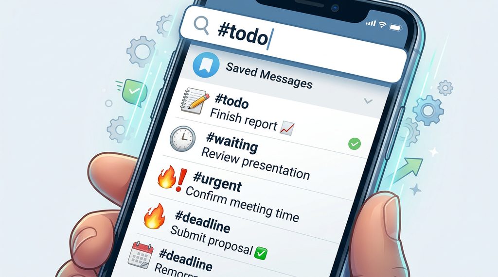 Telegram 手机界面截图,展示带有 Emoji 标签的“保存的消息”列表,简洁的待办事项布局