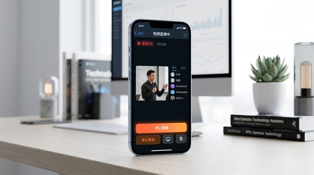 一部智能手机显示 Telegram 直播界面，屏幕上有着清晰的参与者列表和录制按钮，背景为极简的科技