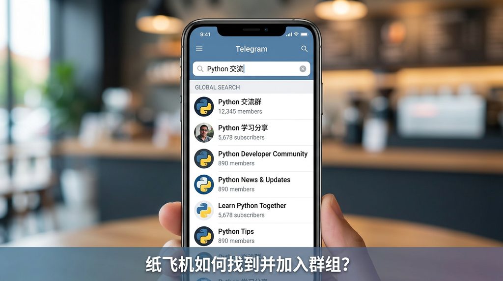一台智能手机界面,显示 Telegram 搜索栏输入关键词后的下拉结果列表,包含群组图标和成员人数信