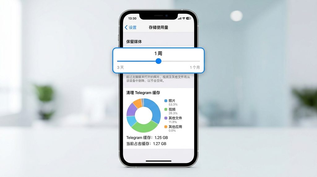 展示 Telegram 设置界面中“存储使用量”选项的截图，重点突出“保留媒体”滑动条及缓存占用情况