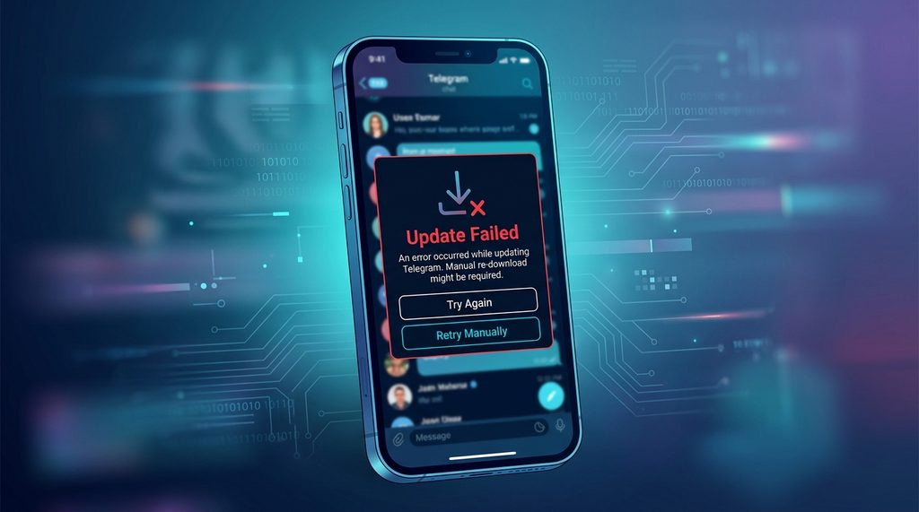 手机屏幕显示Telegram更新失败的错误弹窗，背景模糊，呈现出一种科技故障的极简风格