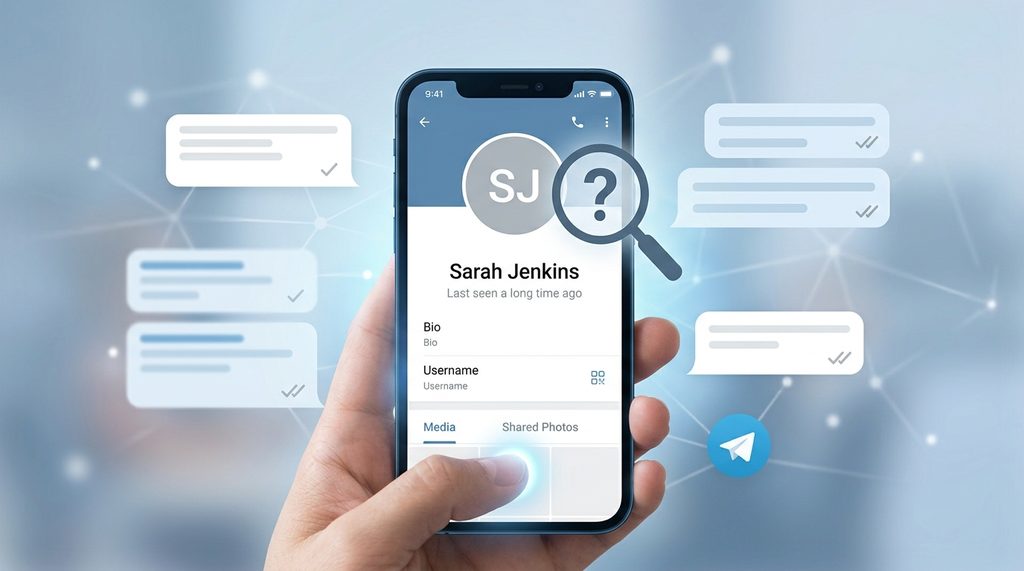一部智能手机屏幕展示Telegram个人资料页面，显示头像位置为空白头像占位符，排查用户账号状态