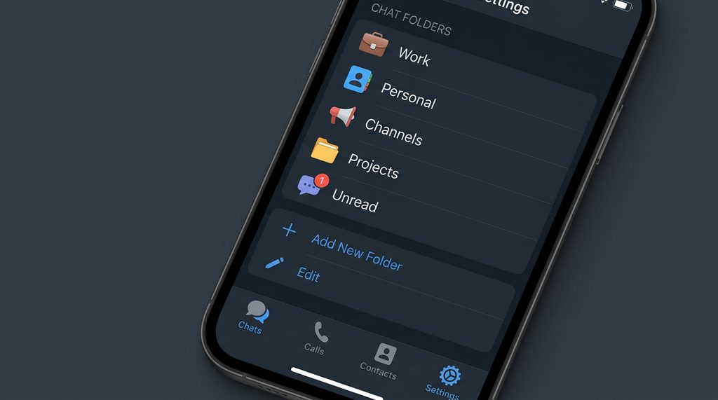 一张展示Telegram手机端底部导航栏或设置菜单中，清晰排列的文件夹分类界面，界面简洁现代，背景为