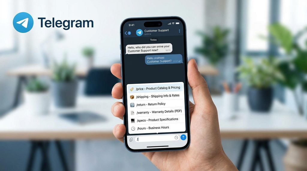 移动端 Telegram 聊天输入框内输入“/”后弹出的快速回复菜单列表，UI 现代且清晰