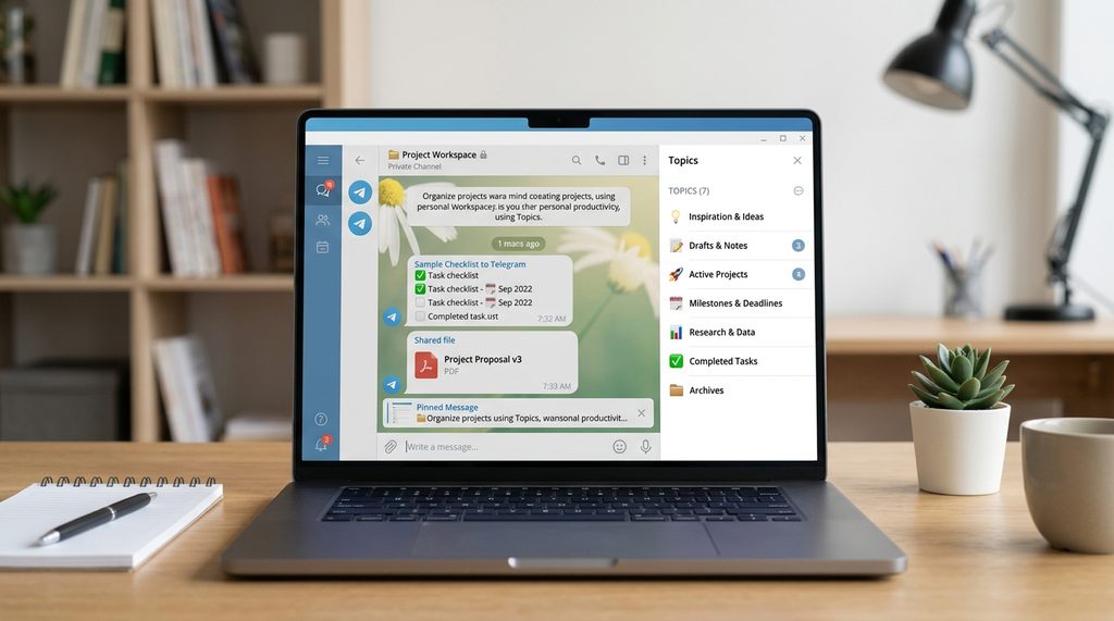 一个 Telegram 私有频道界面,右侧显示不同的话题(Topics)标签,界面清晰且逻辑分明