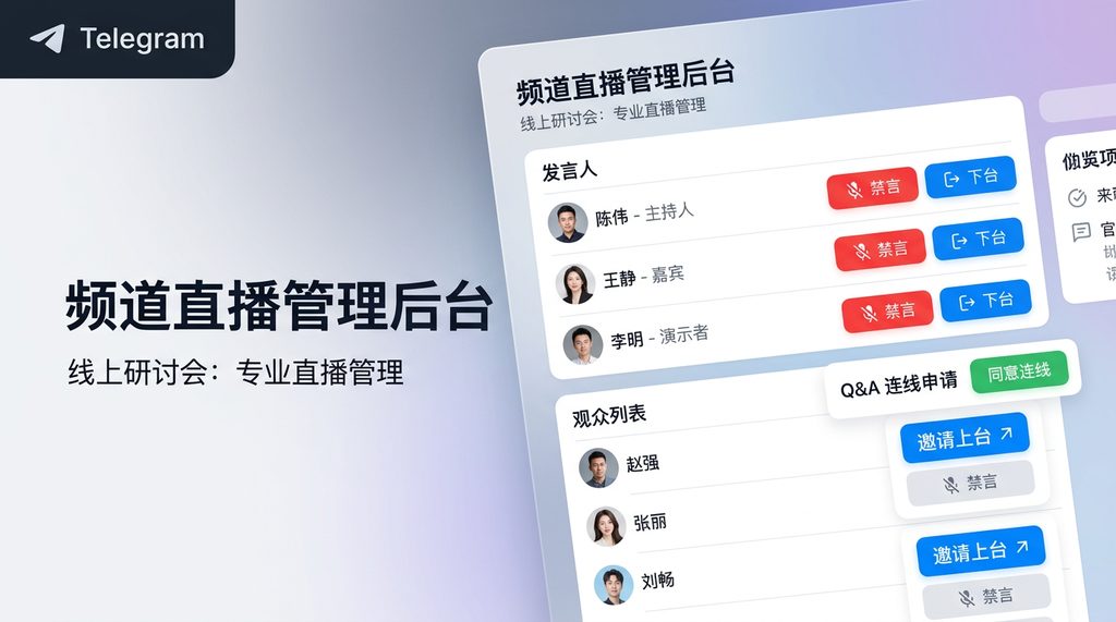 直播间管理后台界面，简洁的列表显示着发言人和观众，带有“禁言”与“邀请上台”的清晰操作按钮