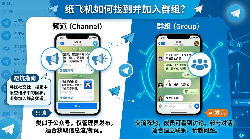 Telegram 应用界面对比图,左侧为频道图标示意,右侧为群组图标示意,突出两者的视觉差异