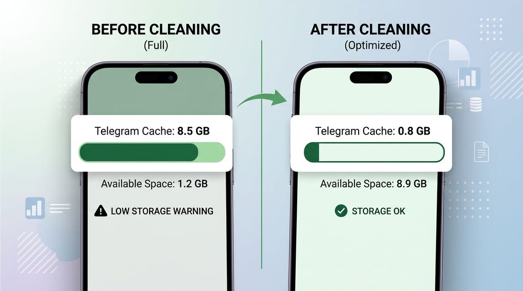 一部手机在清理缓存前后的存储空间对比示意图，清晰展示绿色进度条从满载变为轻松状态
