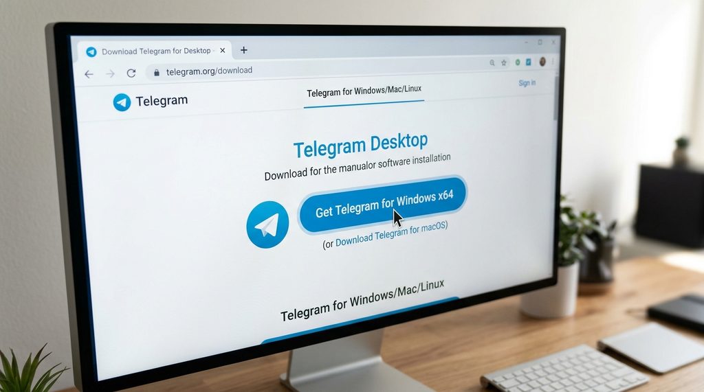 用户在电脑浏览器中访问Telegram官网下载界面的特写，鼠标悬停在Download按钮上，画面清晰