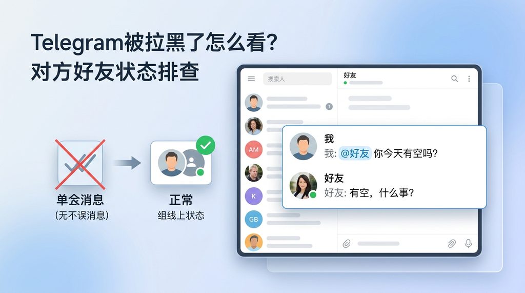 Telegram群聊界面，显示用户在群组中与好友互动的对话框，侧面反映账号是否正常