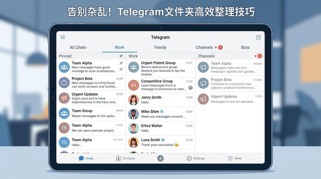 一个展示Telegram聊天界面中，通过文件夹功能分类后的列表，上方显示多个标签页，界面整洁有序，矢