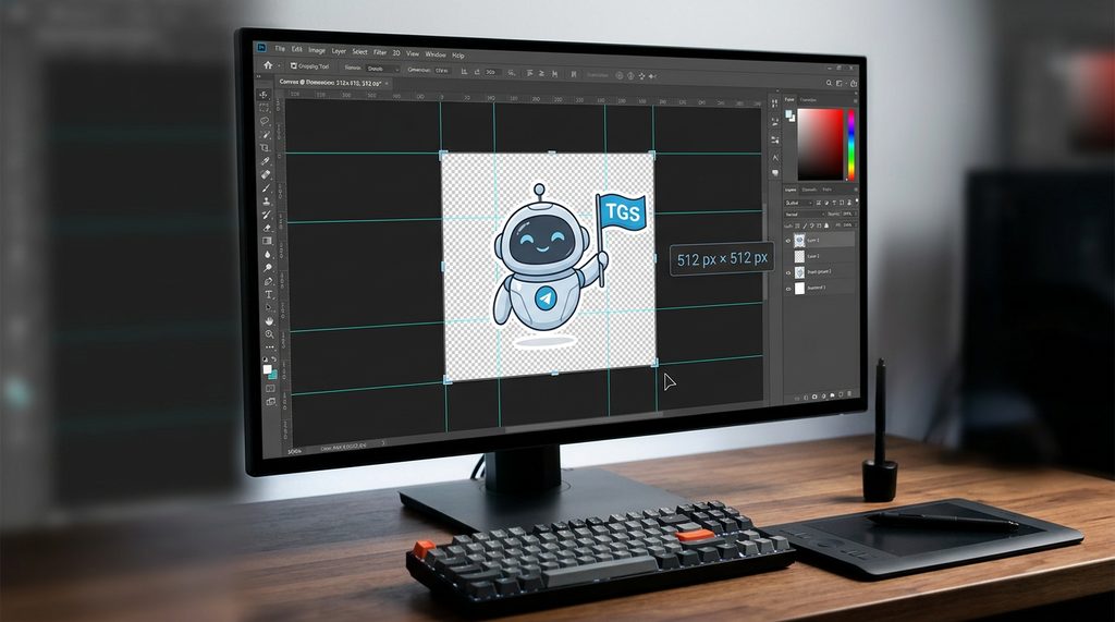 一个清晰的电脑屏幕画面，展示 Photoshop 中正在将设计好的贴纸裁剪为 512x512 像素的