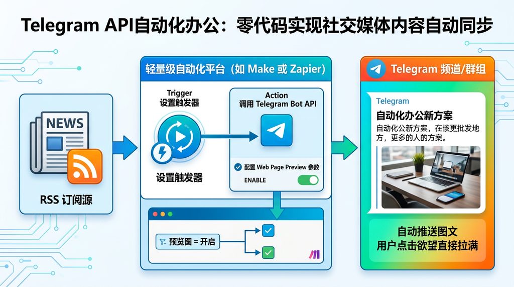 一个清晰的自动化流程图,展示从 RSS 订阅源经过自动化平台,最后自动推送图文到 Telegram