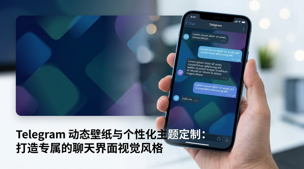 手机屏幕展示 Telegram 聊天背景，背景为深蓝色系的极简渐变几何图形，带有轻微的动态虚化效果