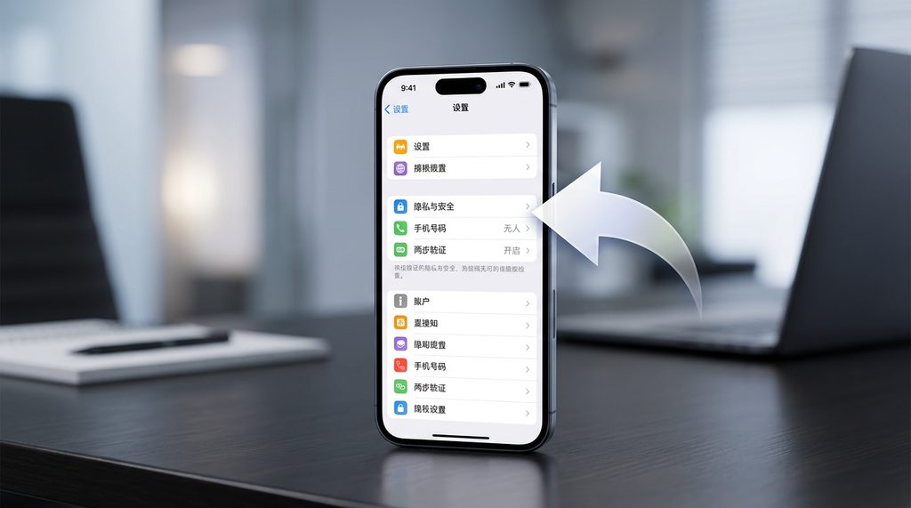 智能手机界面展示Telegram设置页面的隐私选项，箭头指向隐私安全设置菜单，高清摄影风格