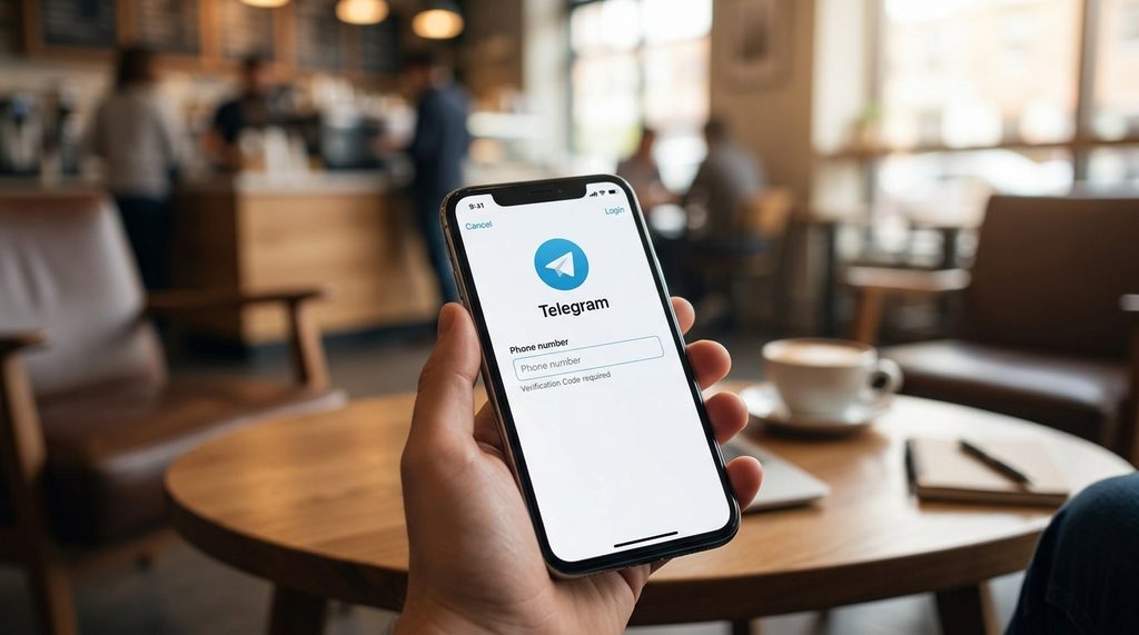 一部智能手机显示 Telegram 登录界面,背景是模糊的咖啡馆环境,体现网络切换场景,简洁现代风格