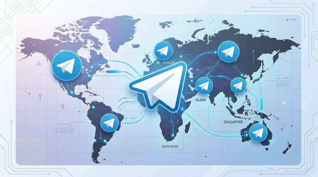 一张数字化的全球地图背景，上面浮动着Telegram标志性的纸飞机图标，连接各地的连线显示其分布式的