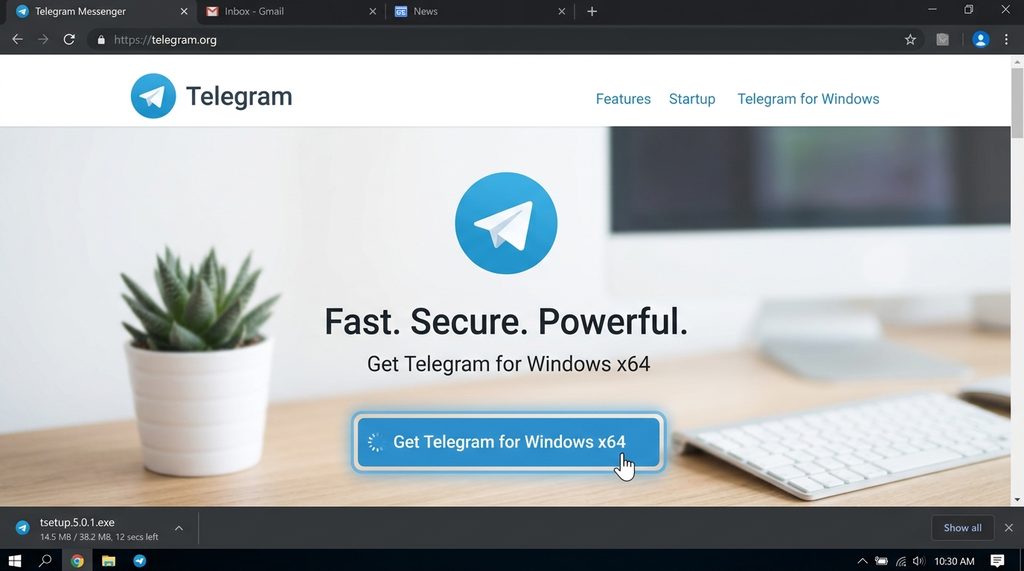 展示用户在 Telegram 官网点击下载按钮的电脑桌面截图，界面简洁清晰，突出官方域名标识