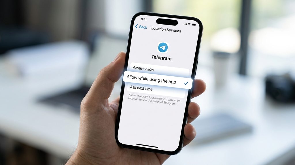 手机设置界面中关于Telegram位置权限的配置选项，突出显示“仅在使用应用时允许”的勾选状态，界面