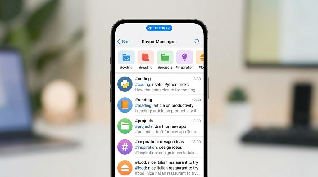 手机屏幕显示 Telegram 保存的消息界面，顶部有多个文件夹图标，聊天记录中带有明显的标签符号，