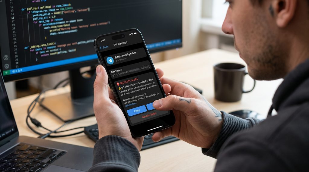 特写镜头,展示开发人员在手机上管理 Telegram Bot Token 的操作界面,屏幕显示安全警